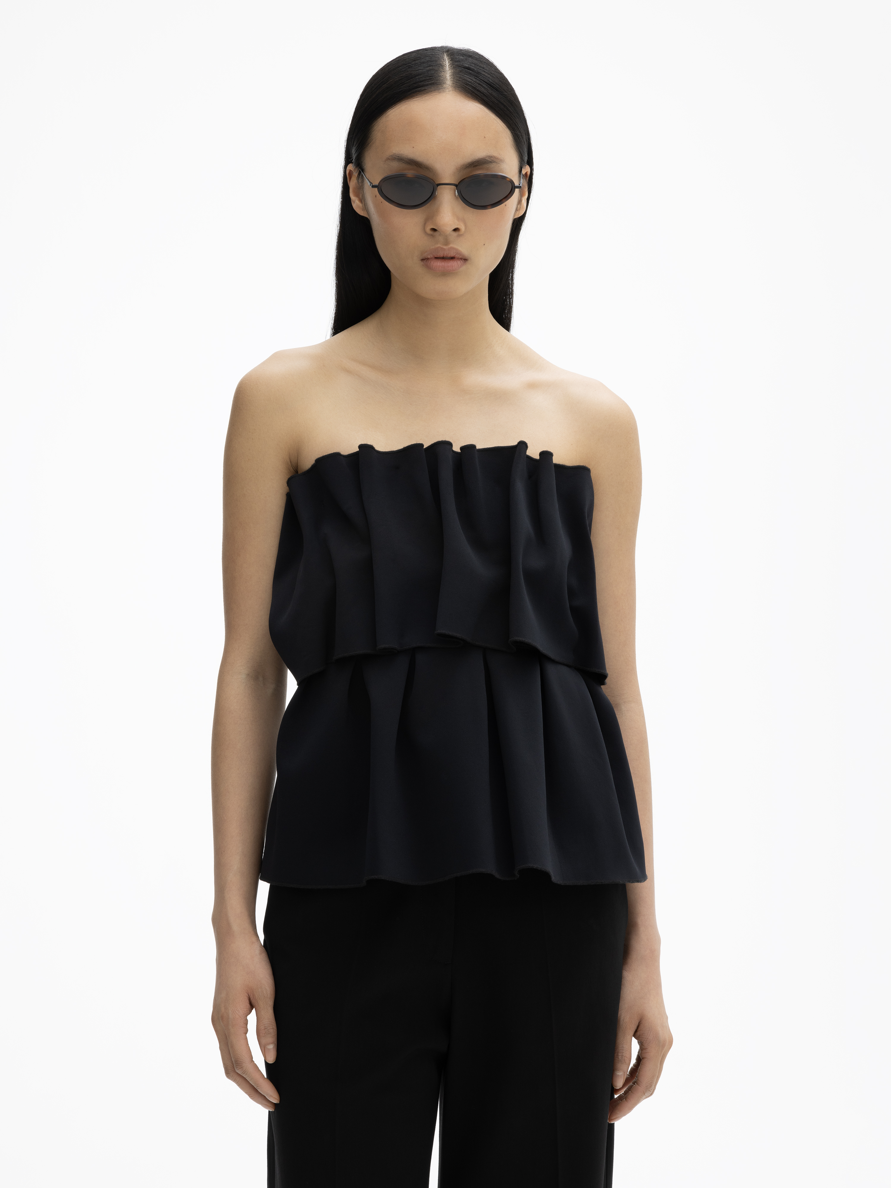 House Of Dagmar Ruffled Stretch-crepe Strapless Top In Black