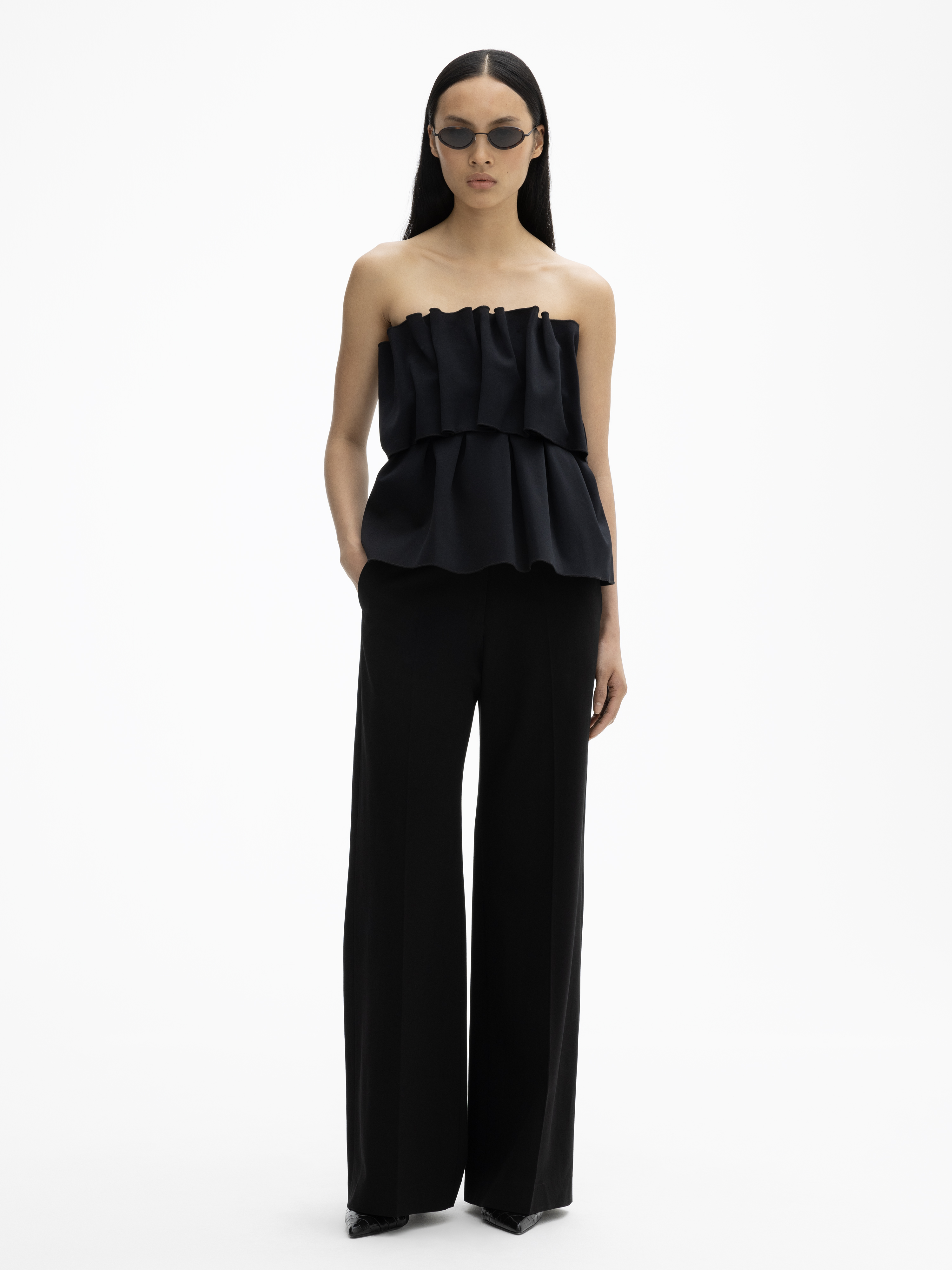 House Of Dagmar Ruffled Stretch-crepe Strapless Top In Black