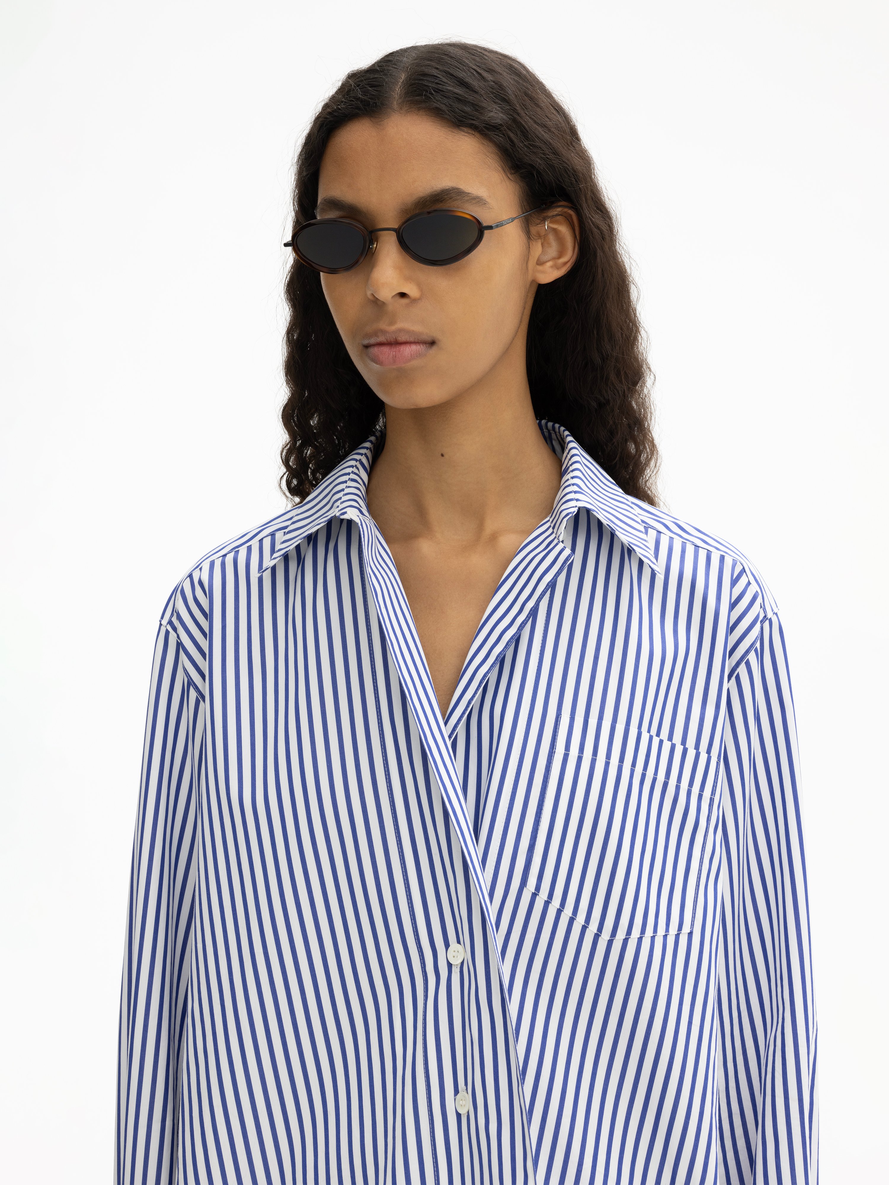 House Of Dagmar Asymmetric Shirt In Deep Blue,white