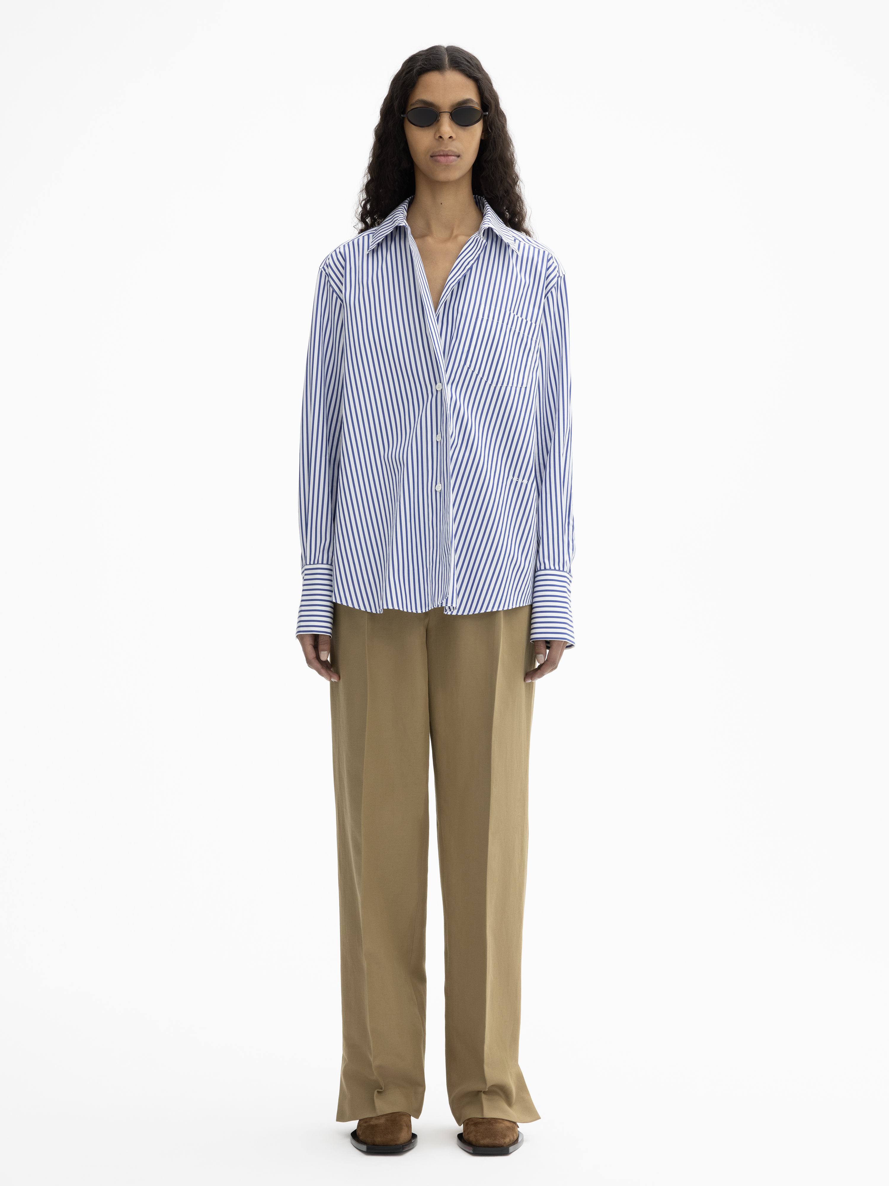 House Of Dagmar Asymmetric Shirt In Deep Blue,white