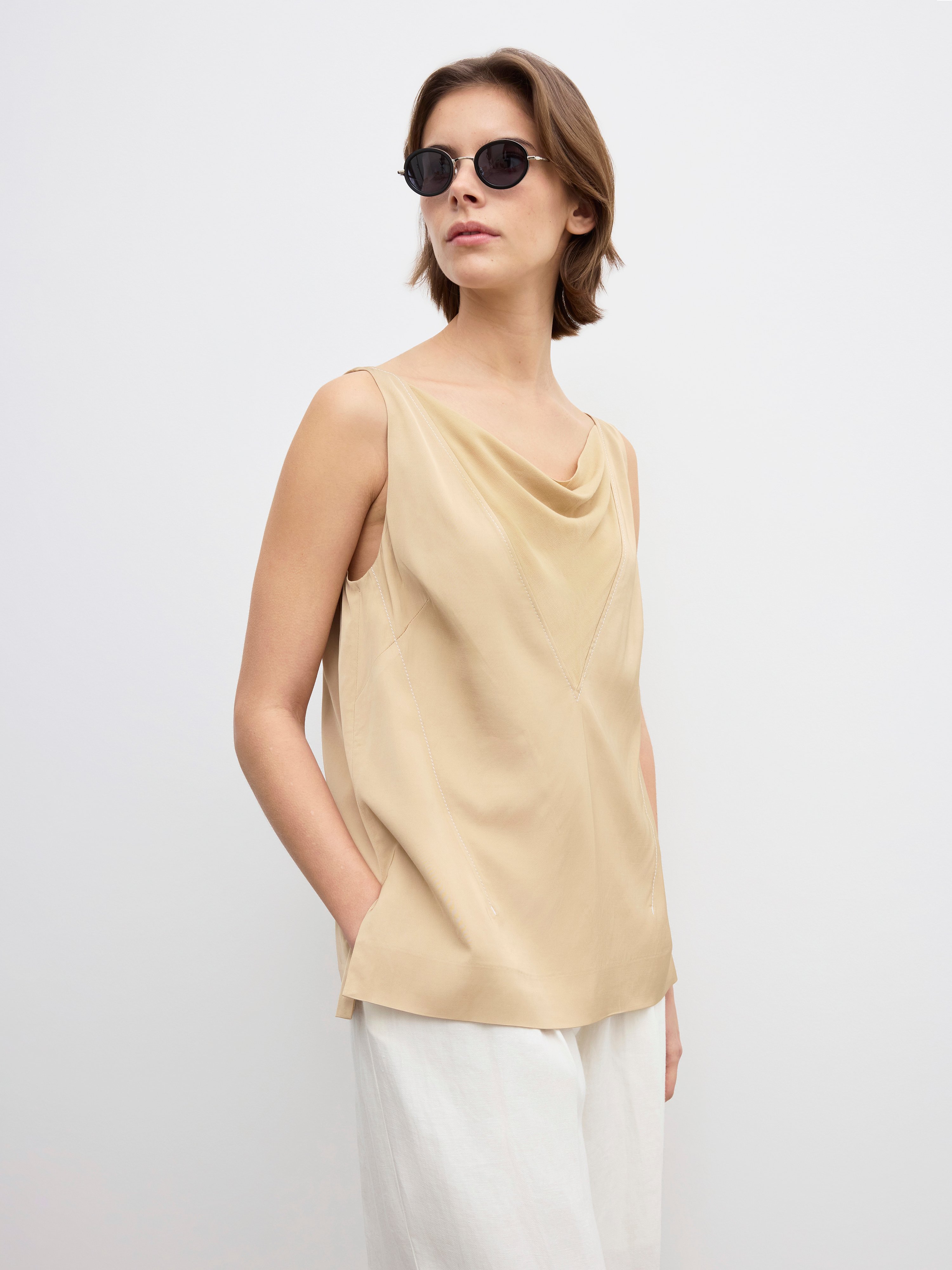 House Of Dagmar Sheer V-neck Top In Sand Beige