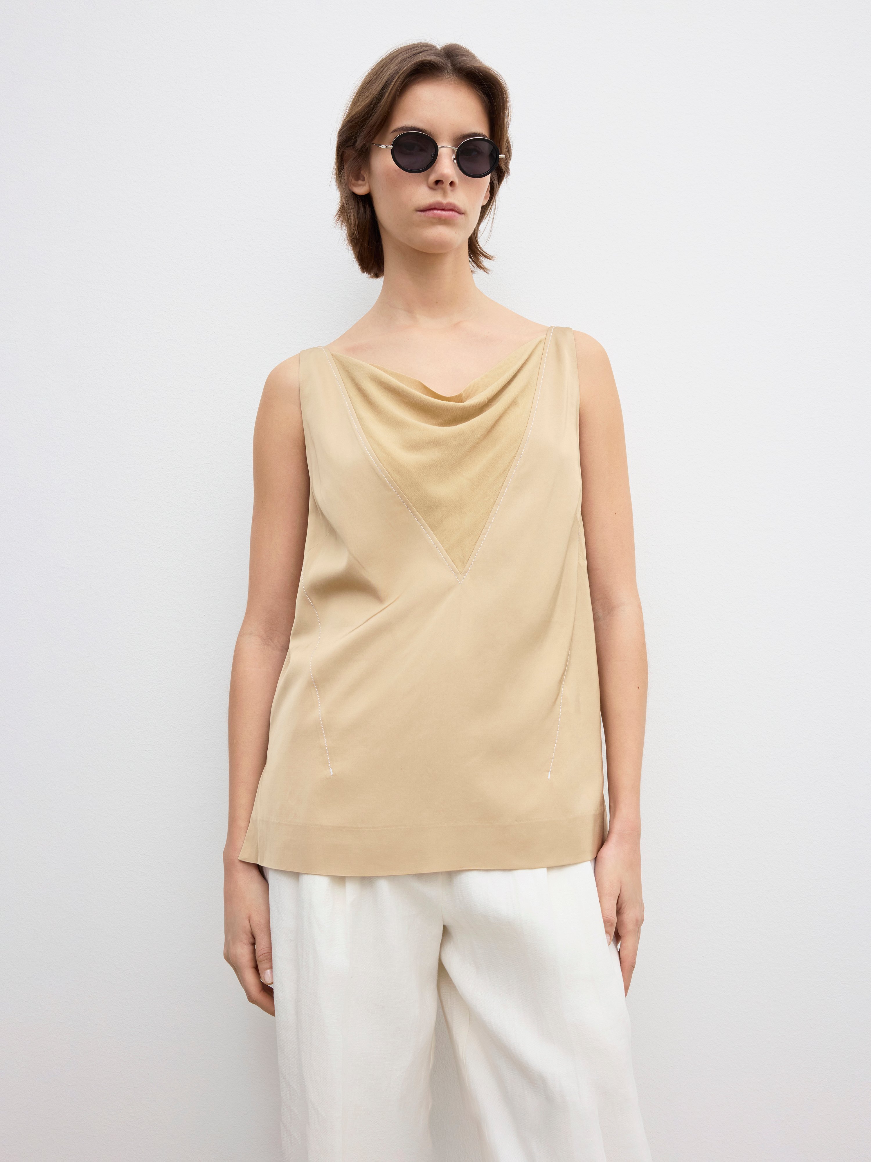 House Of Dagmar Sheer V-neck Top In Sand Beige