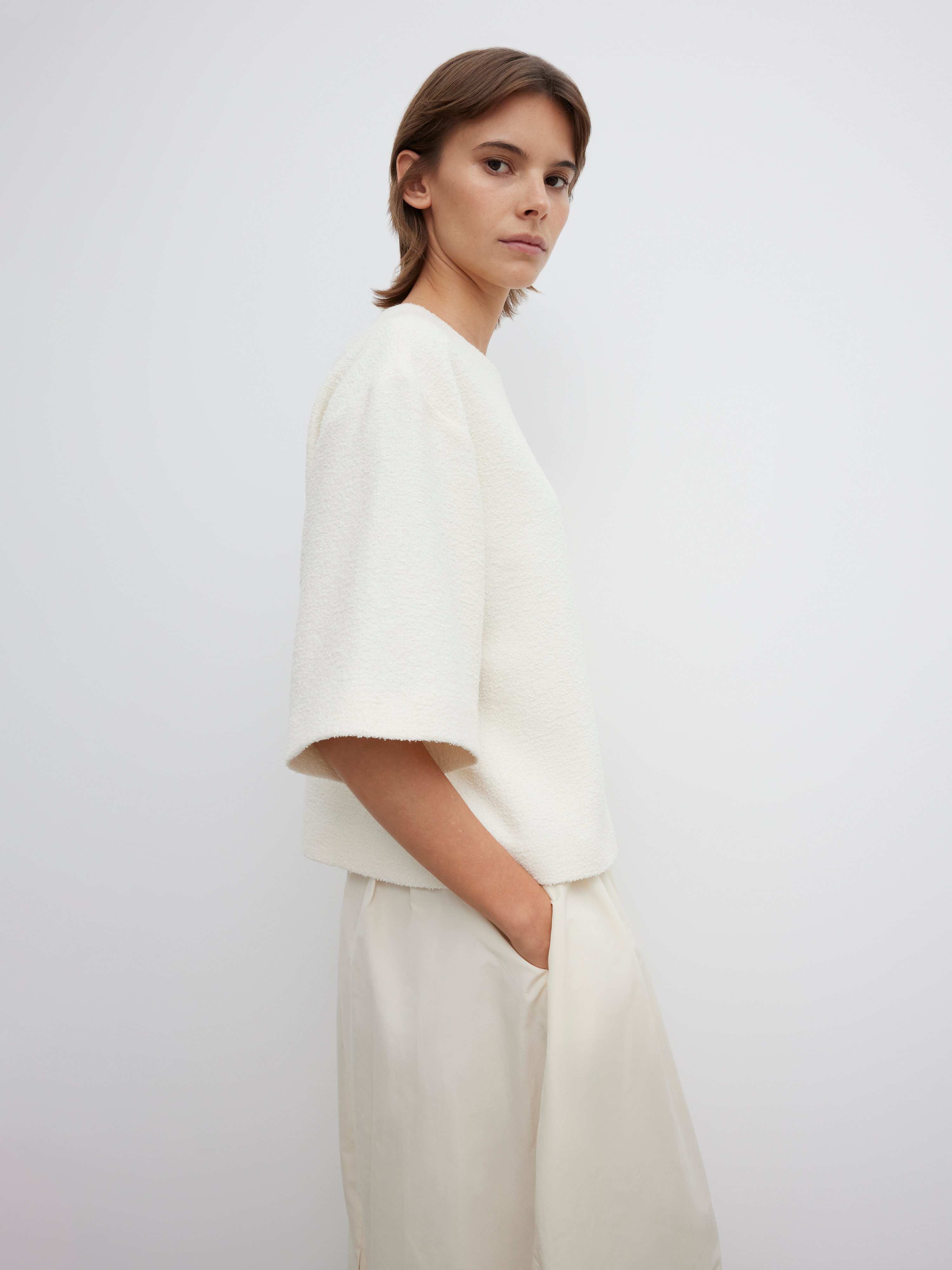 House Of Dagmar Bouclé Zip-up T-shirt In Cream White