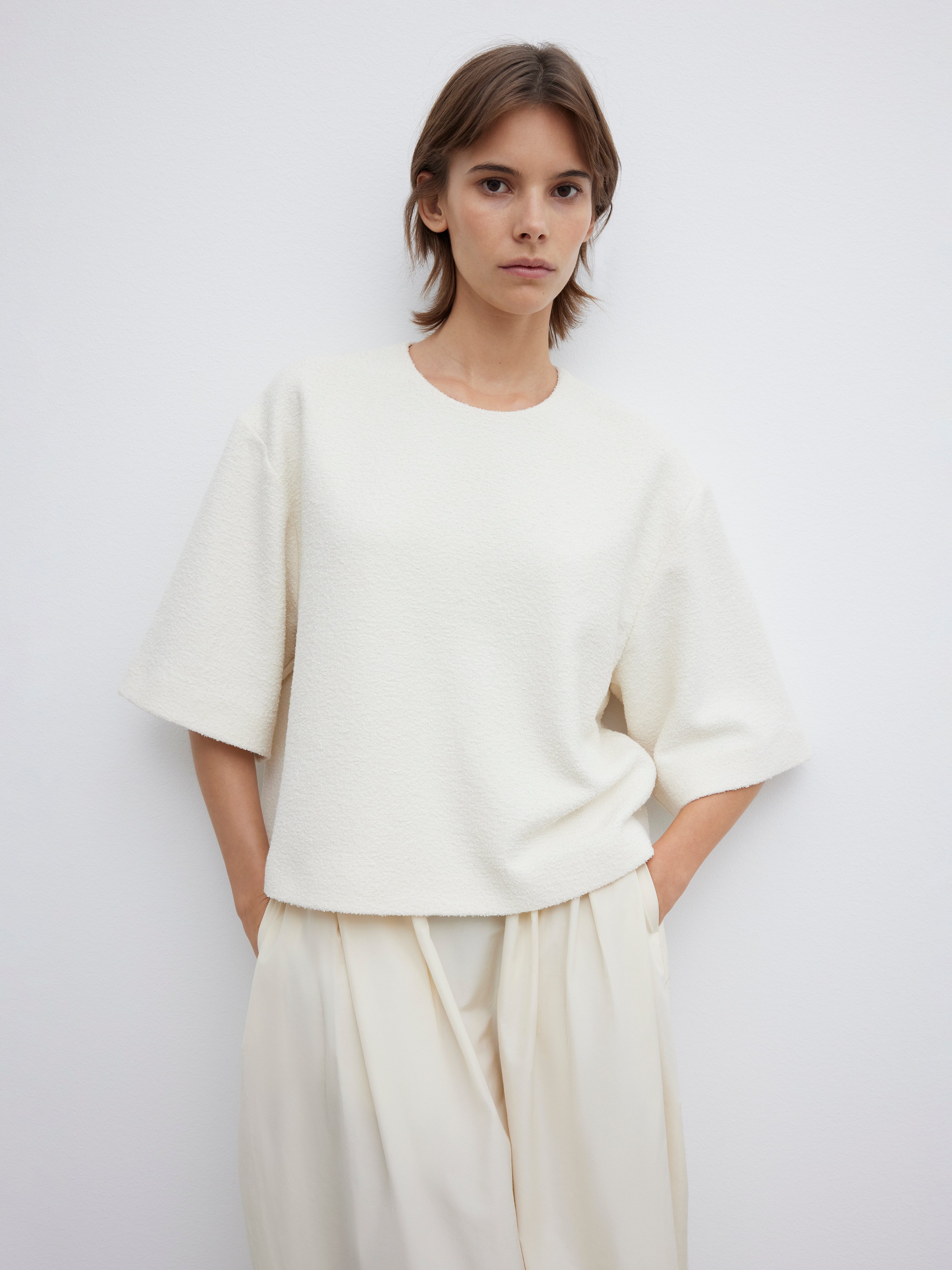 House Of Dagmar Bouclé Zip-up T-shirt In Cream White