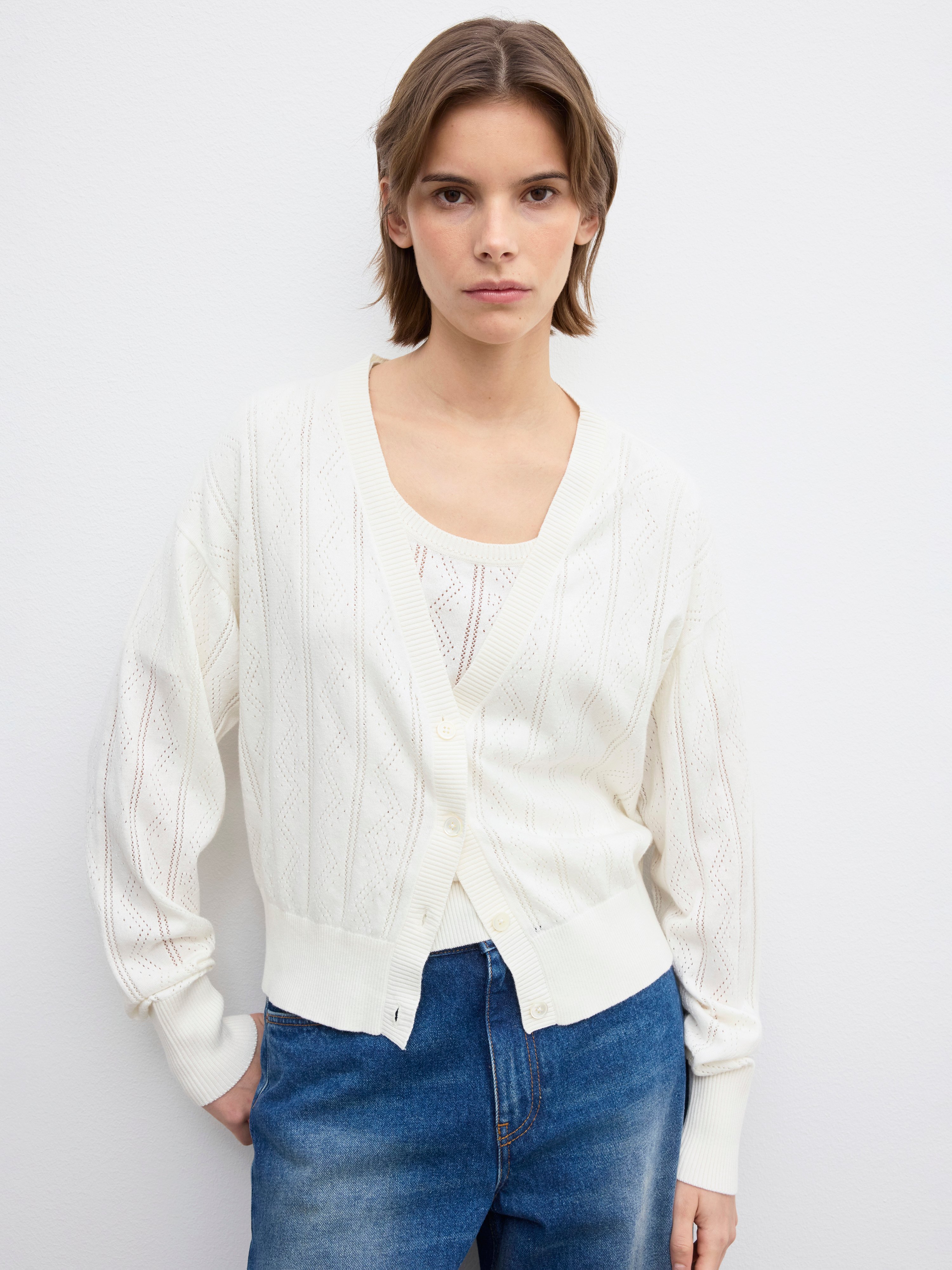 House Of Dagmar Pointelle Cardigan In Ivory White