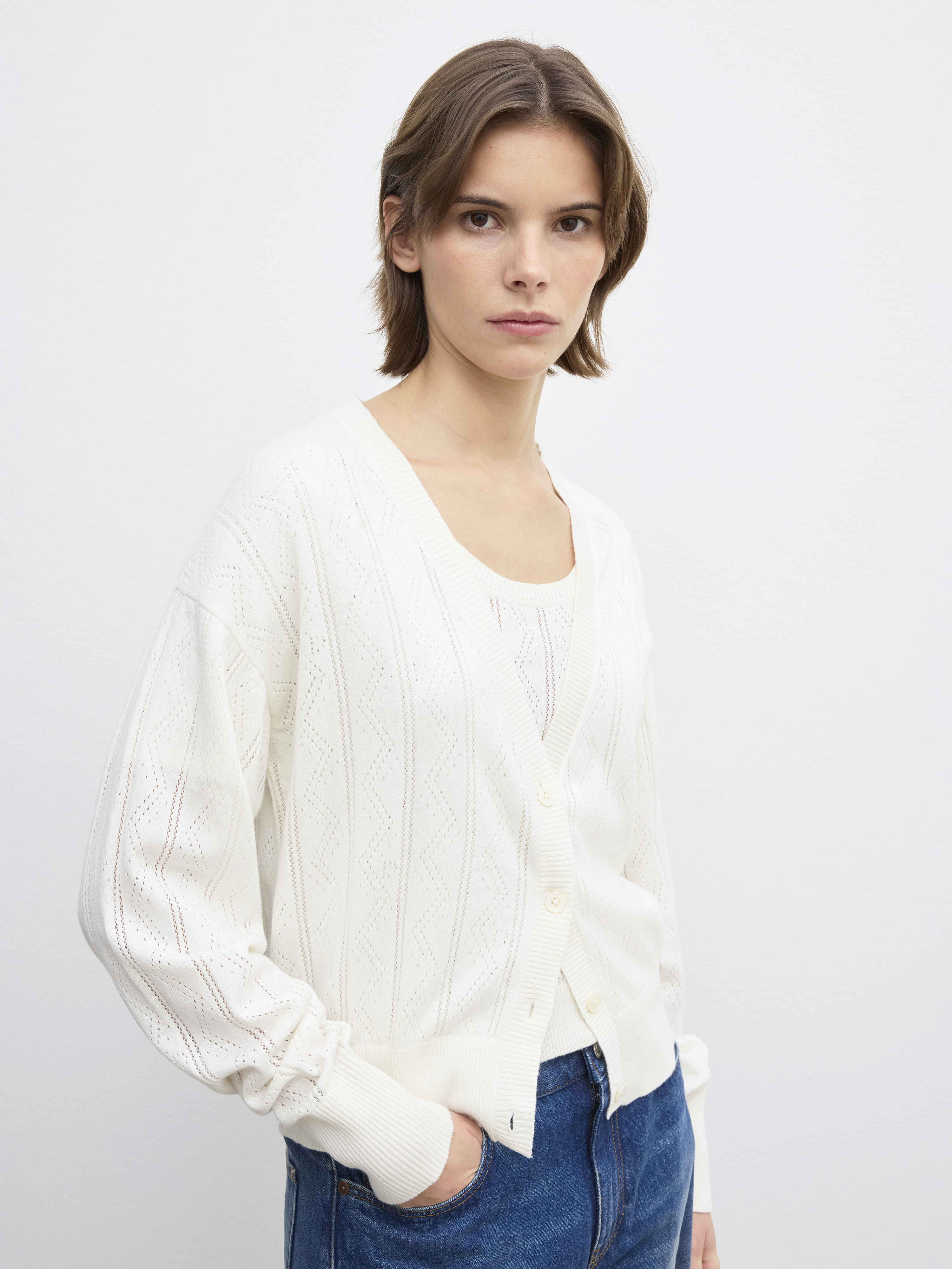 House Of Dagmar Pointelle Cardigan In Ivory White
