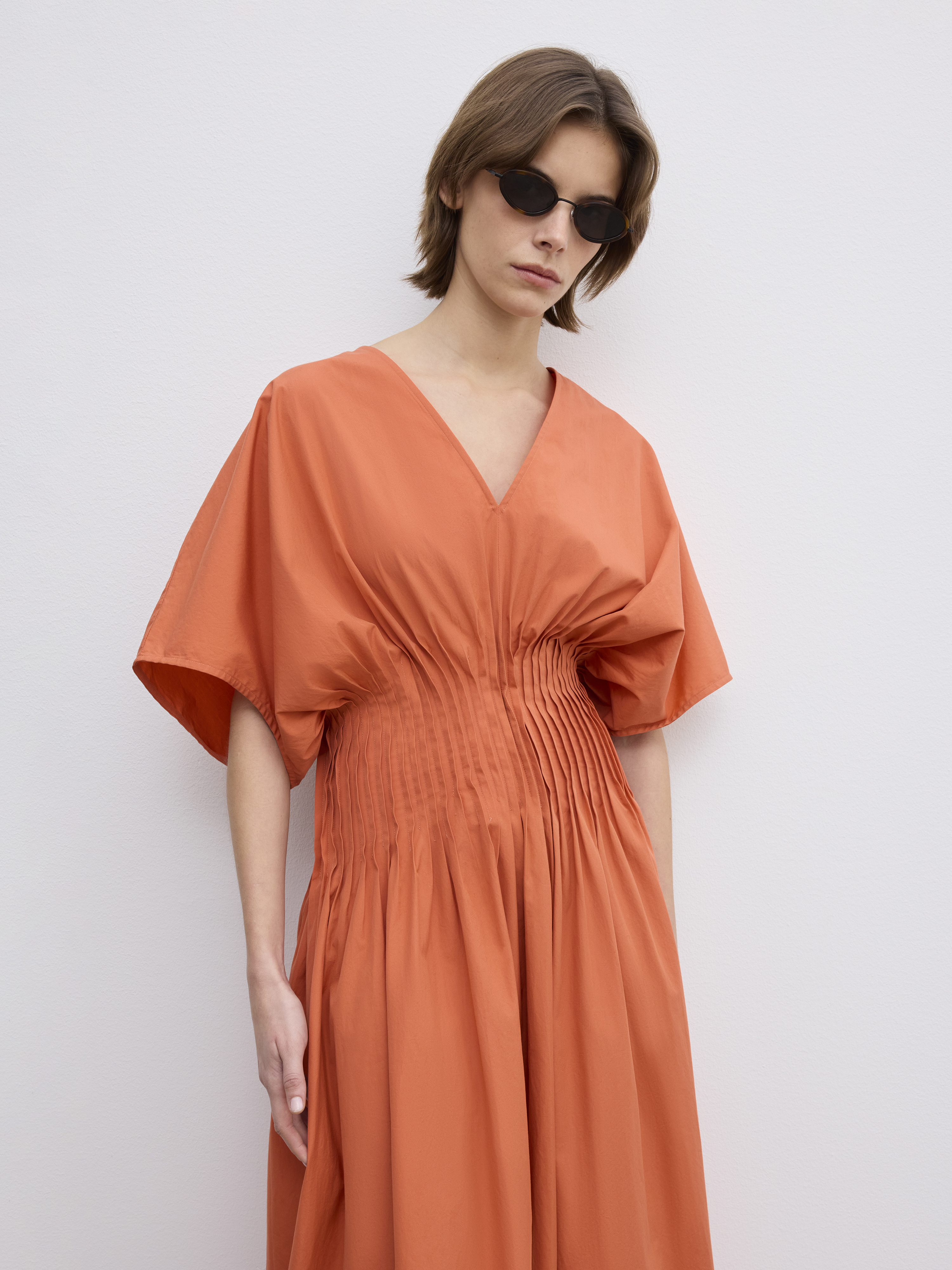 House Of Dagmar Organic Cotton Pintuck Midi Dress In Orange Rust