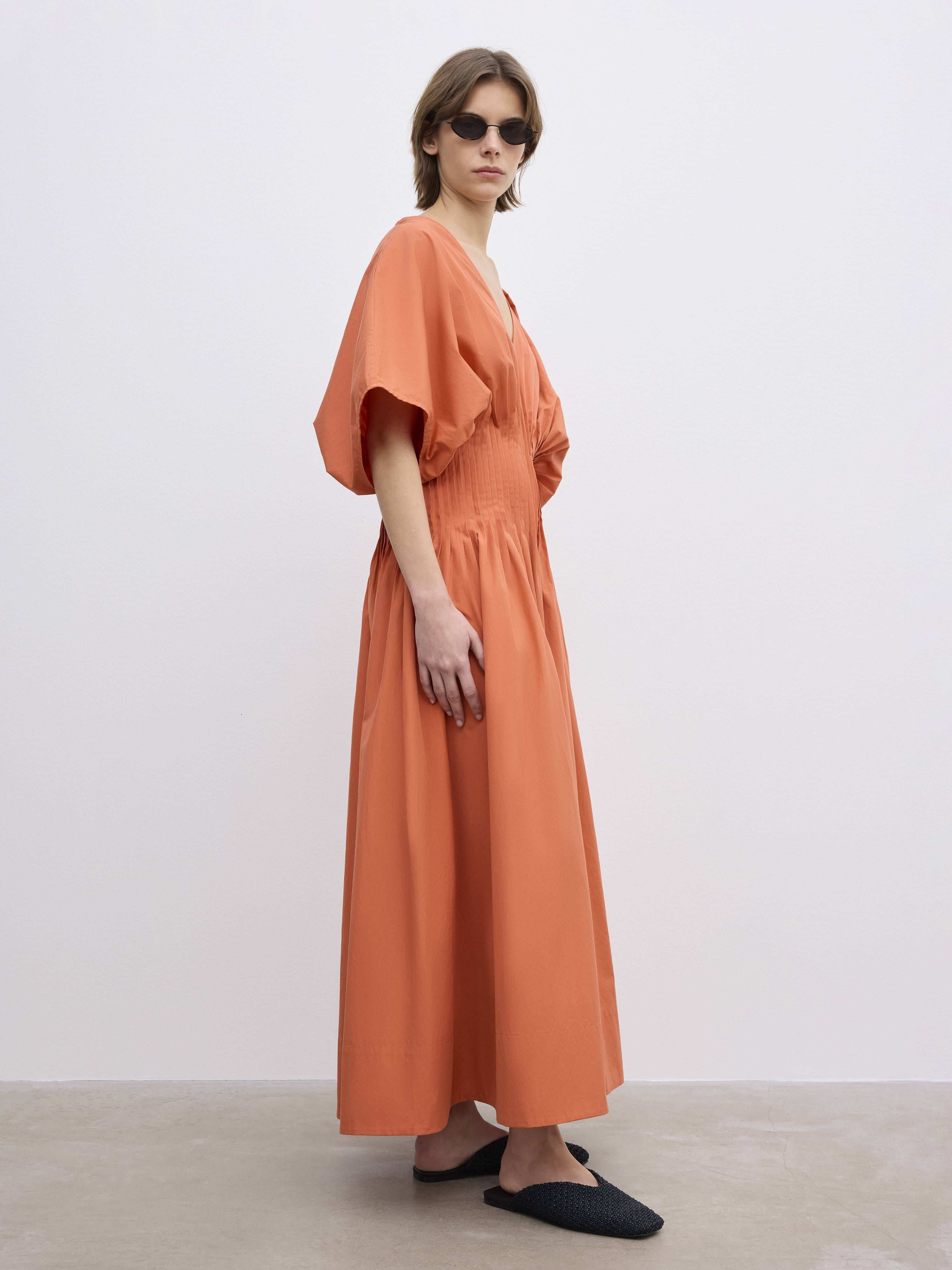 House Of Dagmar Organic Cotton Pintuck Midi Dress In Orange Rust