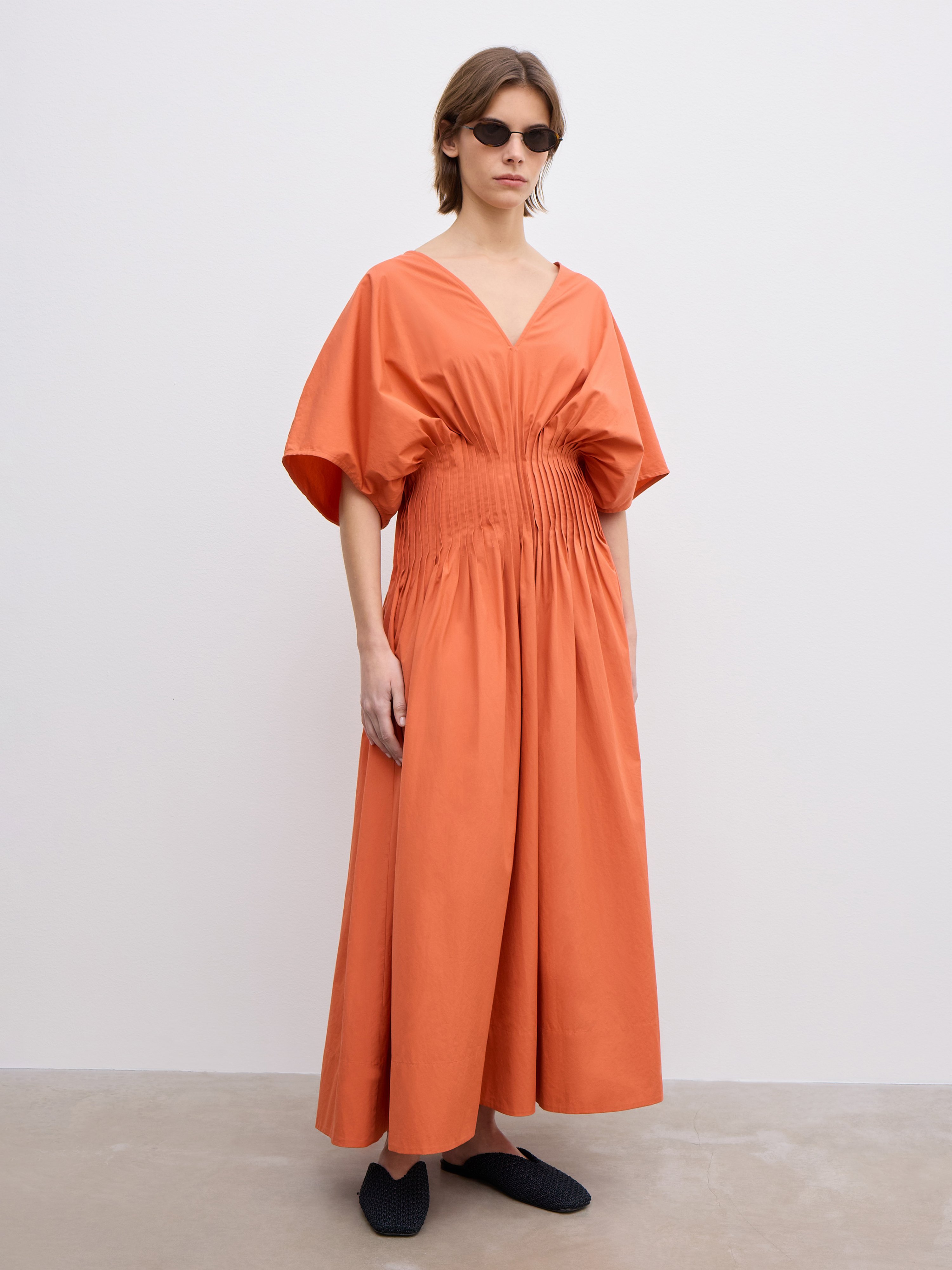 House Of Dagmar Organic Cotton Pintuck Midi Dress In Orange Rust