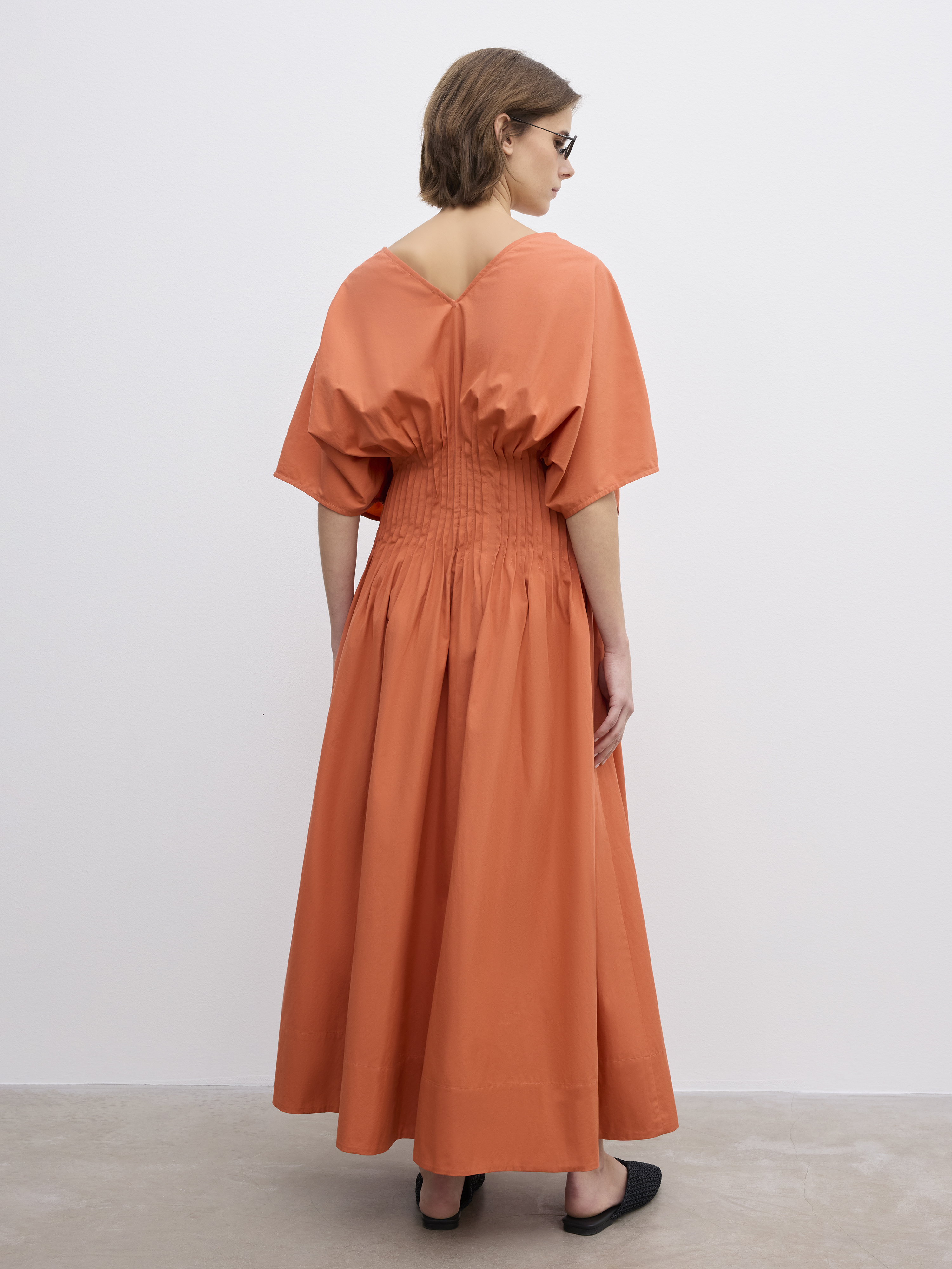 House Of Dagmar Organic Cotton Pintuck Midi Dress In Orange Rust