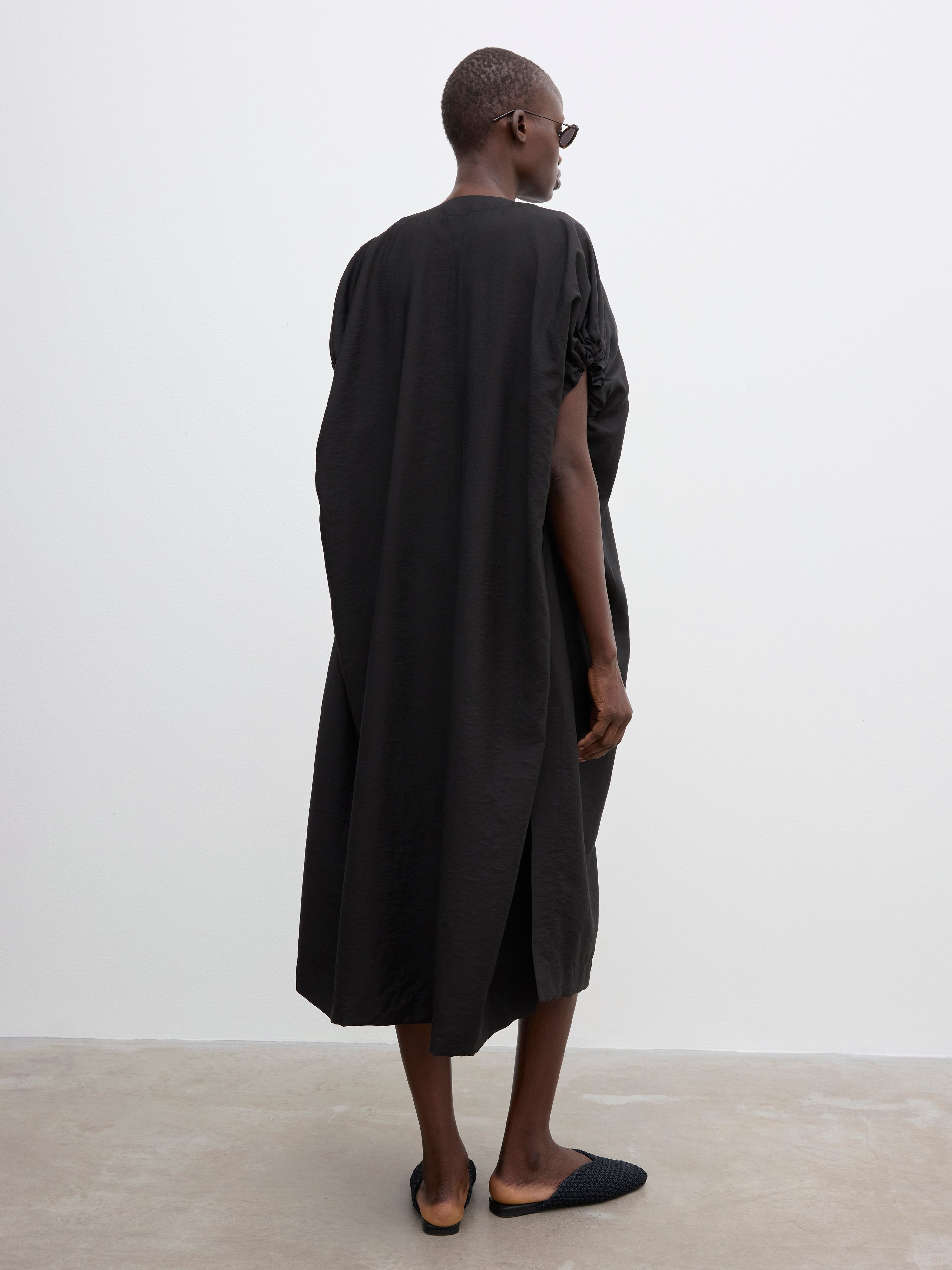 House Of Dagmar Ruched-sleeve Midi Dress In Black