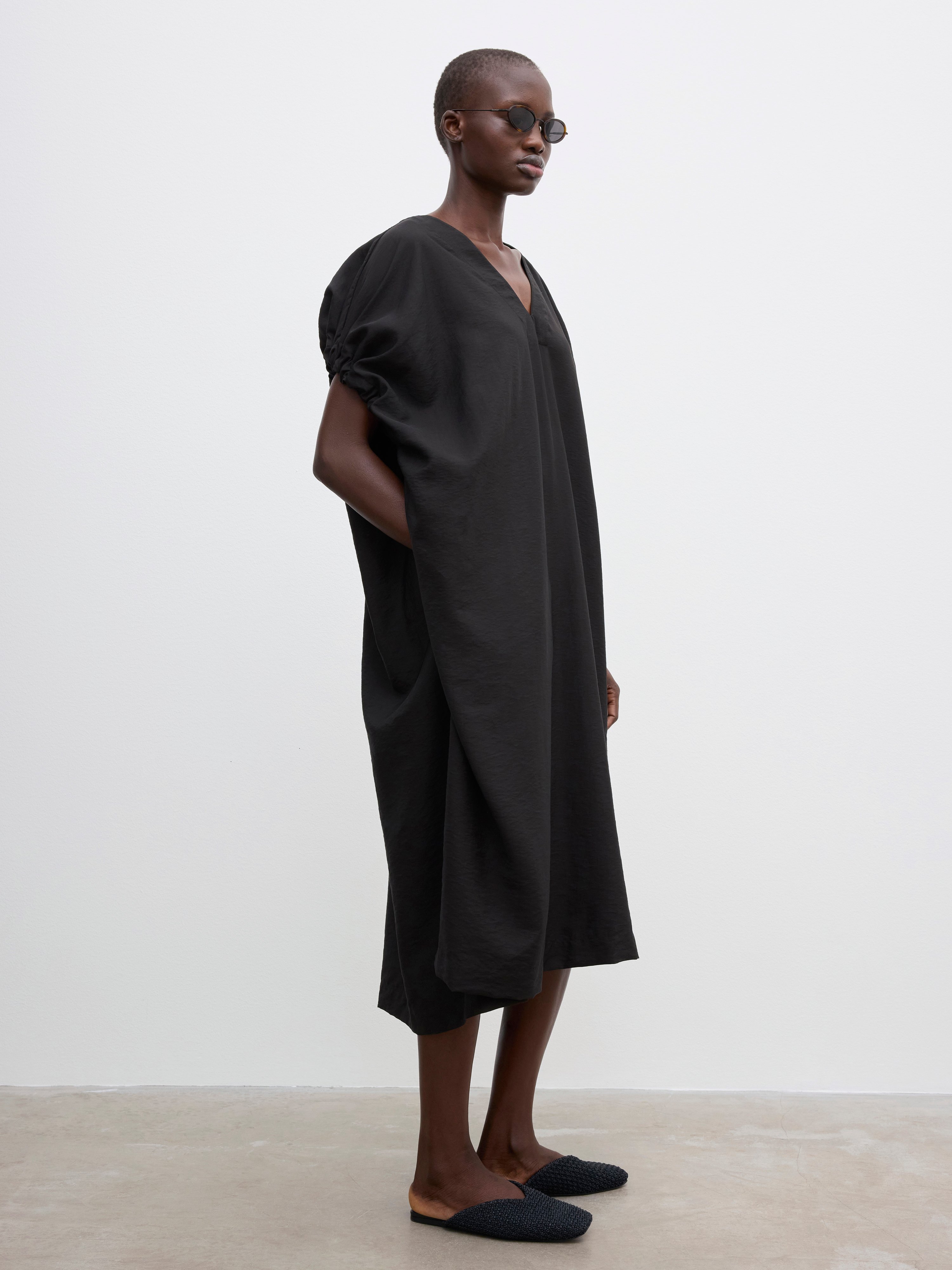 House Of Dagmar Ruched-sleeve Midi Dress In Black