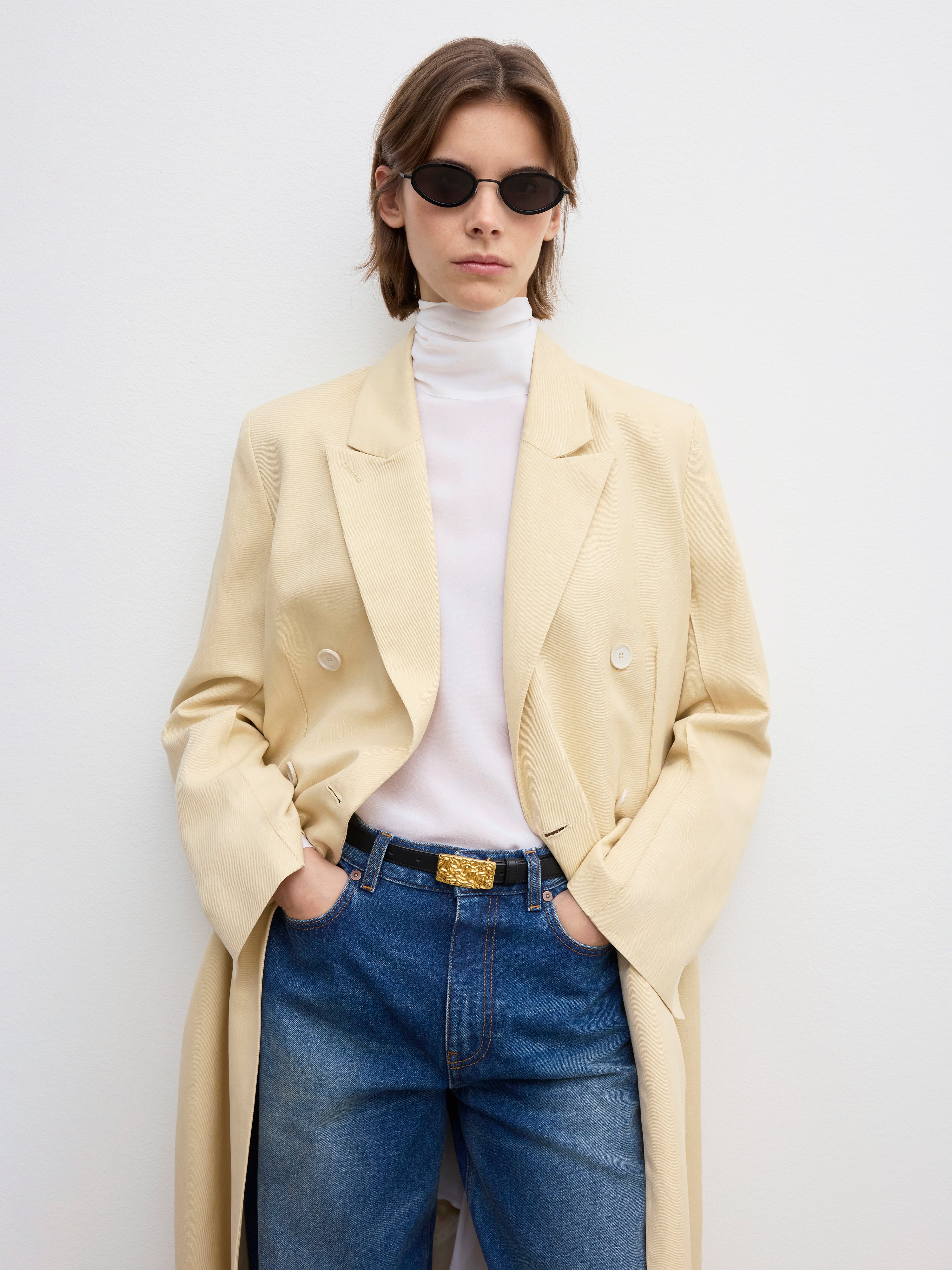 House Of Dagmar Long Db Blazer In Light Sand Beige
